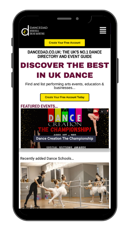 The dance directory website shown on a mobile device