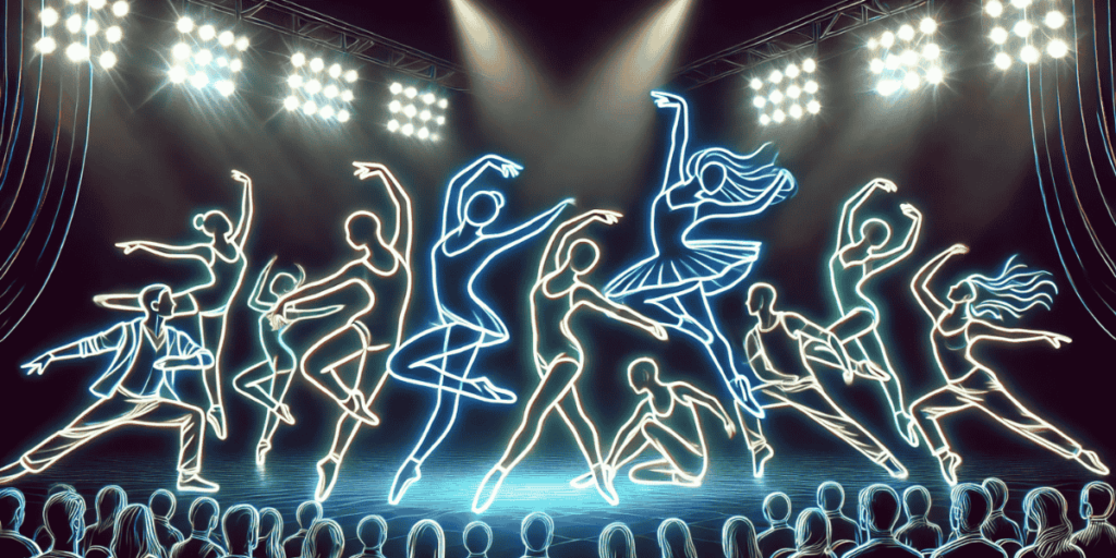 A neon line drawing of dancers on stage in a competition