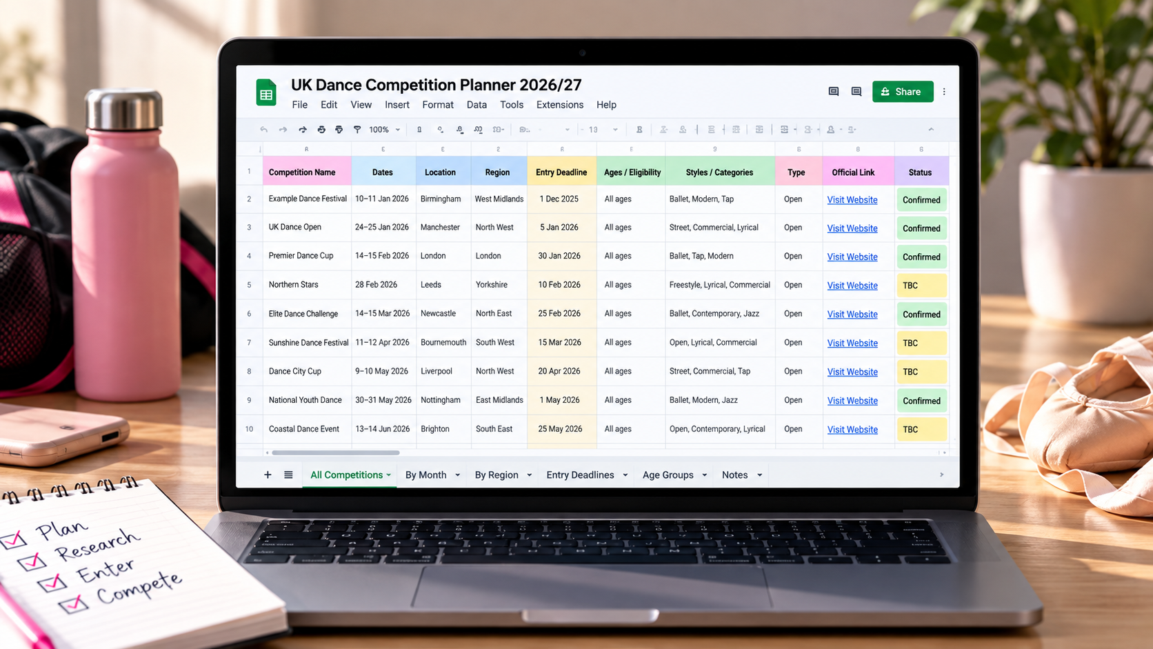 Laptop displaying a sample UK dance competition planning spreadsheet with dates, locations and entry deadlines