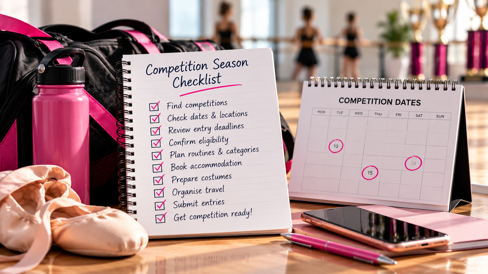 Dance competition planning checklist and calendar with dance bag, ballet shoes and competition dates in a studio setting